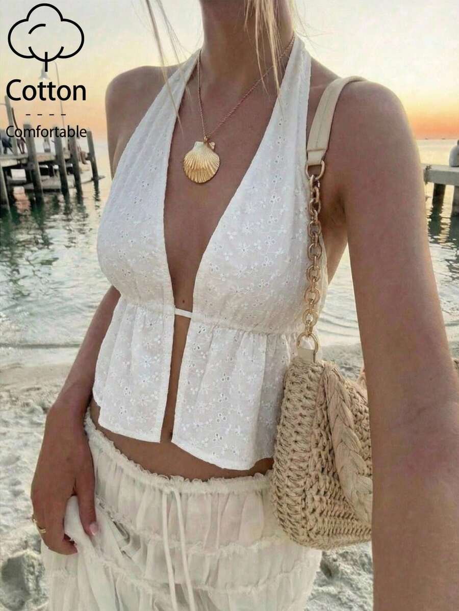 Aloruh Blouse décontractée de vacances pour femmes avec broderie œillet, Top de plage, Top d'été/Débardeur dos nu sexy - Blanc - Voir 1