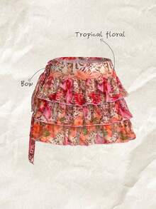 Elavelle Women's Summer Fashion Beach Vacation Tropical Floral Print Tie Waist Ruffle Hem Cover Up Skirt Set - Multicolor - View 1