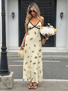 Pariaura 黑色花卉蕾丝边吊带连衣裙/优雅成熟/性感/度假连衣裙 - 杏色 - 查看 4