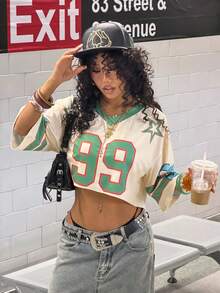 SHEIN HypeZone Women's Street Style V-Neck Loose Cropped T-Shirt - Multicolor - View 5