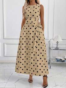 SHEIN Clasi 女士印花圆领腰带口袋无袖宽松休闲波点连衣裙，夏季波点连衣裙，女士休闲连衣裙，女士夏季连衣裙，女士波点连衣裙 - 駝色 - 查看 6