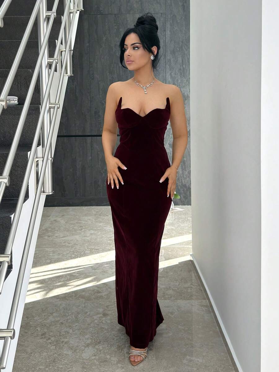 Vassilux Robe longue bustier en velours bordeaux pour femmes