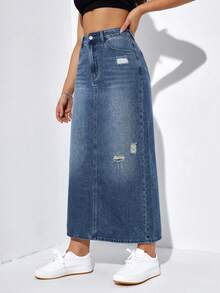 SHEIN EZwear Women's Fashion Distressed Long Denim Skirt - Dark Wash - View 5
