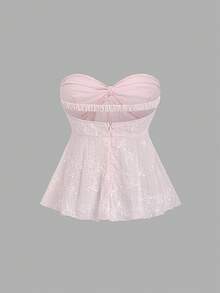 Sweetra Áo ống babydoll nữ mùa hè mới, màu trơn, chất liệu jacquard, xếp ly ở ngực và thắt nơ, thích hợp để đi chơi, dự tiệc sinh nhật. - Hồng - Xem 2