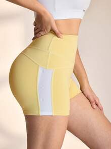 WanderVale Women's High Waist Fitted Contrast Color Splice Shorts - Yellow - View 5
