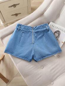 GlowEve Women's Casual Pleated Denim Shorts, Summer - Blue - View 2