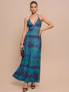 Đầm hở lưng cổ yếm in họa tiết nhuộm tie-dye thanh lịch dành cho nữ, thích hợp cho kỳ nghỉ. - Màu xanh lam - Xem 7