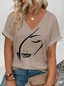 EMERY ROSE New Arrival Women's Fashion Print V-Neck Short Sleeve T-Shirt - Khaki - View 1