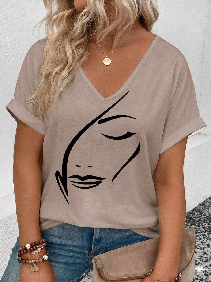 EMERY ROSE New Arrival Women's Fashion Print V-Neck Short Sleeve T-Shirt - Khaki - View 1