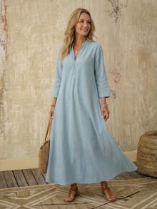 Faunlyn Đầm dài cổ khoét màu trơn thanh lịch dành cho nữ - Màu xanh lam - Xem 4