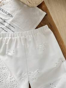 SHEIN LMoss Kids 女嬰 Baby Girl 針織純色刺繡圓領荷葉邊背心上衣與長褲 2 件套 - 白色 - 查看 4