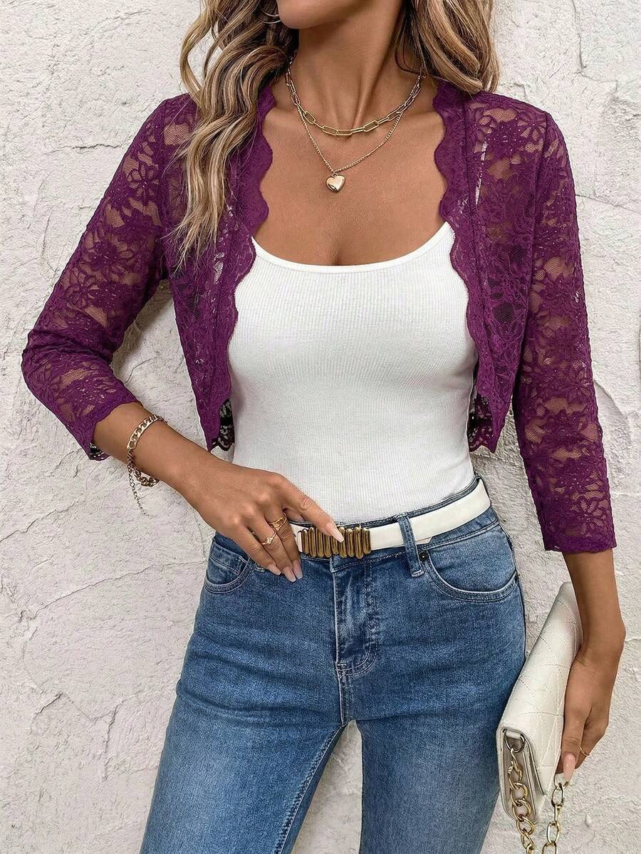 SHEIN Clasi 女士花卉蕾丝七分袖开襟短款轻薄外套，秋冬季款 - 紫色 - 查看 1