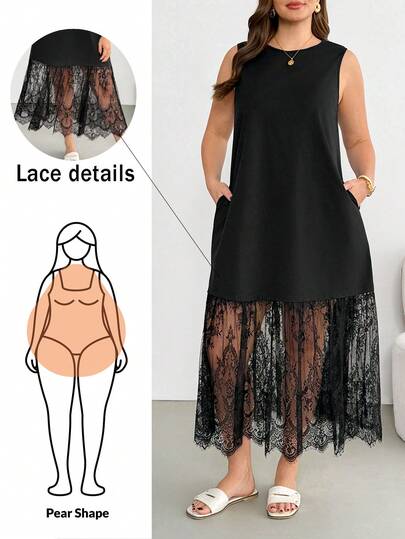 Shapeblank 大码女装春夏时尚休闲宽松舒适日常百搭显瘦蕾丝边黑色背心长裙，夏季服装，度假装，蕾丝连衣裙，口袋连衣裙