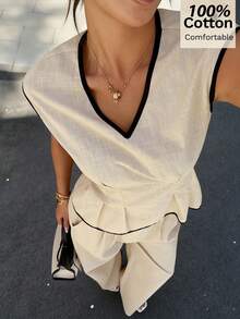Siren Gaze Women's Summer 2 Pieces Set,Pure Cotton Black And Beige Color-Blocked V-Neck Top&Wide-Leg Pants,Elegant Work Office Casual Business Outfits For Woman - Apricot - View 1