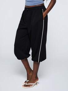 COUREZ Low Rise Side Stripe Capris /Y2K Summer Outfits For Women Spring Outfits For Women Summer Clothes Going Out Outfits Summer Bottoms Baggy Pants Capris For Women - Black - View 1