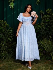 SHEIN PETITE CURVE 大码娇小款方领荷叶袖镂空提花雪纺优雅复古可爱度假派对连衣裙，飘逸裙摆 - 藍色 - 查看 7