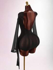 Amplova Vestido mini de cuello alto de manga larga para mujer, vestido casual sexy con espalda descubierta adecuado para picnic y senderismo de primavera - Negro - Ver 1