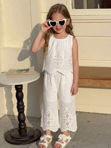 Emery Rose Kids Emery Rose Kids 两件套女童纯色梭织无袖上衣和长裤套装 - 白色 - 查看 2