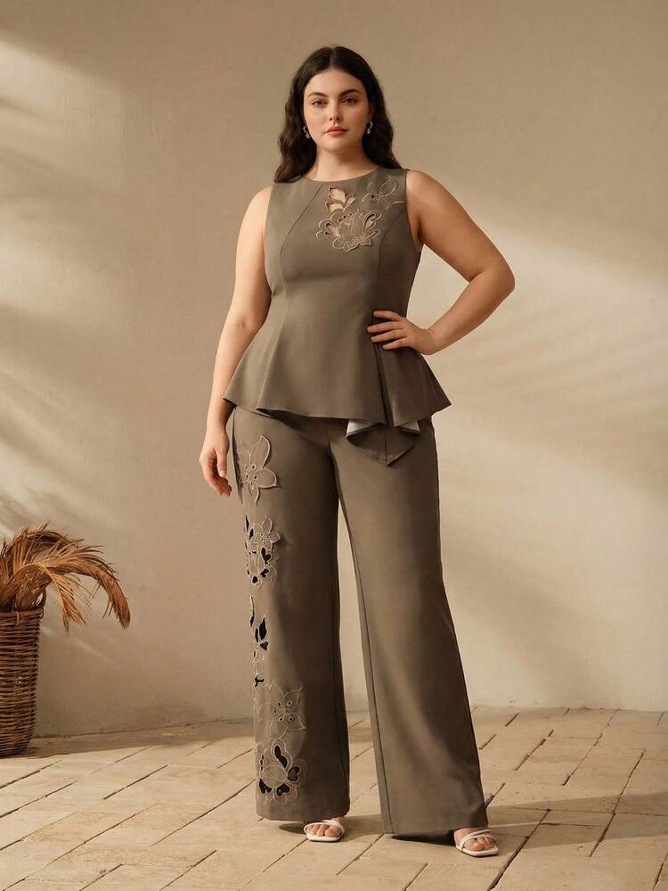 Anewsta Plus Size Women's Spring/Summer Brown-Green Floral Hollow Embroidery Fitted Asymmetric Hem Sleeveless Top, Suitable For Daily, Commute And Vacation Wear