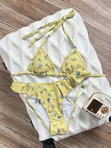 Swim Mod 1pc Women's Yellow Floral Print Triangle Style Sexy Beach Resort Swimwear Set - Multicolor - View 3