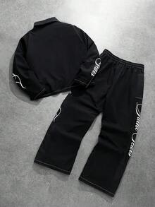 PAVTROS 2pcs Men's Fashionable, Outfit Set: Box Zipper Collar Long Sleeve Shirt, Elastic Waist Pants With Slit Hem Design, Minimalist Luxe Set, Lightweight Sporty Style, Fashionable, Energetic, Casual, Personalized, Daily Wear, Party, Travel, Holiday Gift,Men's,Baggy,Best,Boyfriend,Summer,Vacation,Y2k,Retro,Friends - Black - View 2