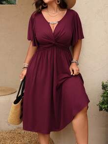 SHEIN LUNE Plus Size Women's Spring & Summer V-Neck Chain Splice Ruffle Twist Waist Textured Elegant Mid-Length A-Line Dress - Burgundy - View 9