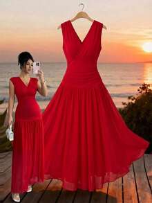 Elenzga Women's Red Summer Elegant Party V-Neck Sleeveless Dress,Side Elastic Ruched Waist Splice Mesh Hem,Sophisticated Formal Occasions Birthday Outfit - Fiery Red - View 6