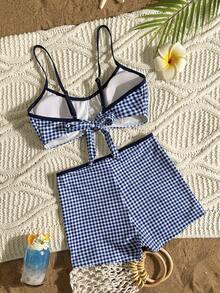 SHEIN Swim 女士两件套格子印花和花卉蕾丝拼接高腰口袋吊带泳衣套装，夏季 - 藍色 - 查看 4