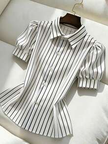 GlowEve Camisa casual de mujer de manga corta con volantes y de un solo pecho a rayas - Blanco y Negro - Ver 6