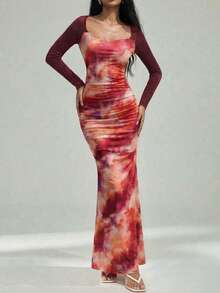 Nevyona Women's Fashionable Elegant Vacation Casual Square Neck Tie Dye Splice Long Sleeve Bodycon Dress Beautiful Dresses For Women Dresses For Woman Vacation Latest Dress Long Dresses Bodycon Beautiful Dresses For Woman Beach Outfit For Women Dress Long Dress For Beach Women's Beach Outfits Long Summer Dresses For Women Beach Dresses For Women Elegant Dresses For Party Net Breathable Fabric Oil Painting Dress Body Con Dress For Women - Multicolor - View 4