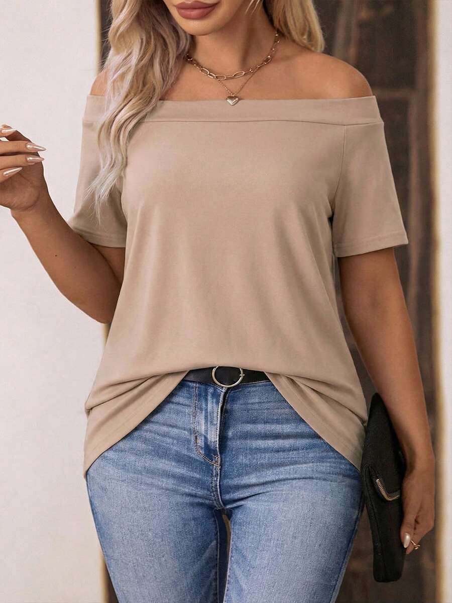 EMERY ROSE 新款卡其色复古休闲单肩短袖加大码T恤 - 卡其色 - 查看 1