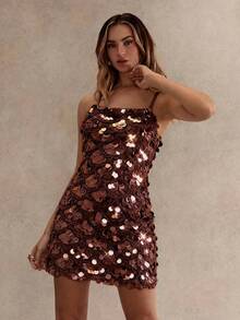 Glamine Đầm hai dây ngắn ôm sát màu trơn phối sequin dành cho nữ. - màu nâu - Xem 6