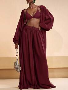 Zivah Women's Solid Color Robe And Wide Leg Pants Casual Resort Cover Up Set Summer Beach Vacation - Burgundy - View 6