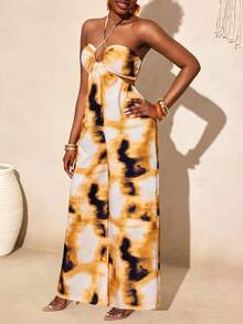 BamGleam Summer New Tie-Dye Print Bandeau Jumpsuit, Twist Hollow High Waist Wide Leg Pants, Suitable For Vacation, Beach Photography, Sexy Vibe - Multicolor - View 3