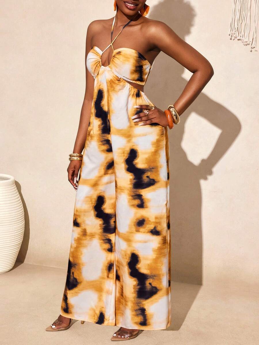 BamGleam 夏季新款扎染印花抹胸连体裤，扭结镂空高腰阔腿裤，适合度假、海滩摄影，性感迷人 - 彩色 - 查看 1