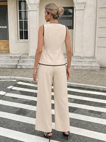 Serisse 女士撞色滚边圆领无袖优雅简约两件套，夏季 - 杏色 - 查看 2