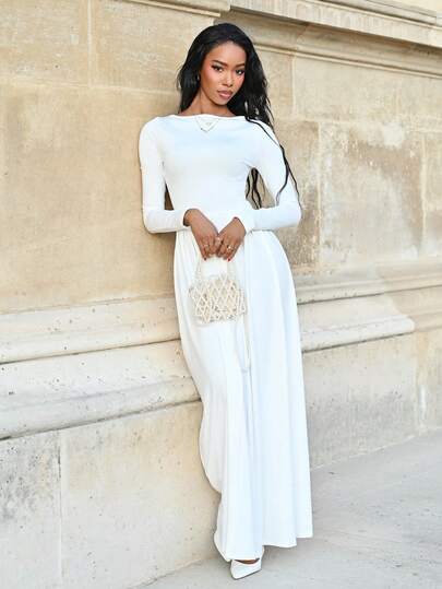 Mima John 全新性感 V 领白色长袖秋冬保暖修身连衣裙