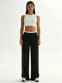 Dewbera Women's Contrast Trim Elastic Waist Casual Loose Sweatpants - Black - View 3