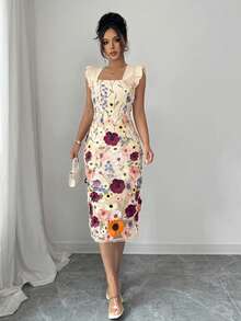 Rafferiza Women's Elegant Fashion Party Banquet Ribbon Spaghetti Strap Embroidered 3D Floral Waist A-Line Midi Lace Dress, Spring/Summer - Apricot - View 7