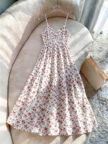 SHEIN Franclia Women's Ditsy Floral Ruffle Hem Sleeveless Dress, Vacation Style - White - View 1