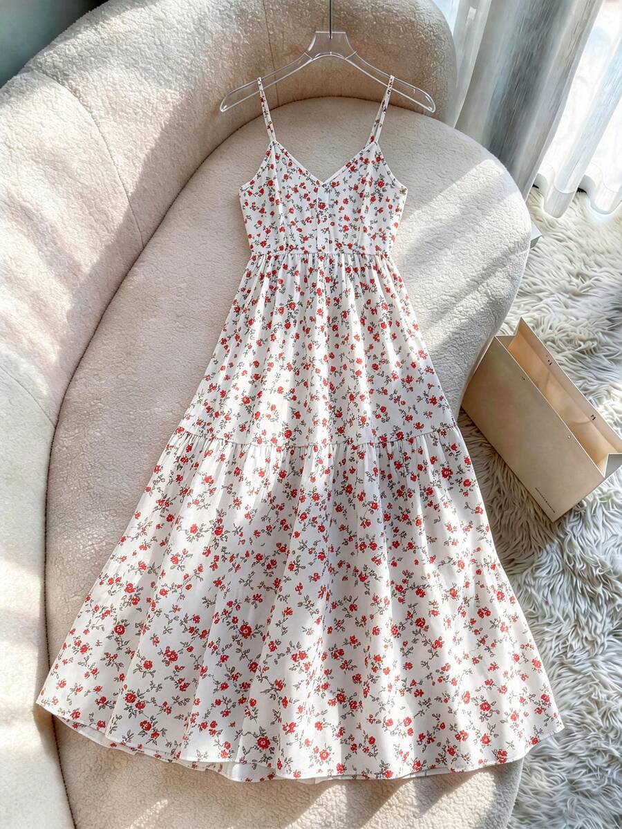 SHEIN Franclia Women's Ditsy Floral Ruffle Hem Sleeveless Dress, Vacation Style - White - View 1