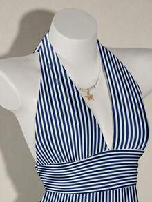 SHEIN ICON Halter Deep V-Neck Cinched Waist A-Line Backless Camisole - Navy Blue - View 3