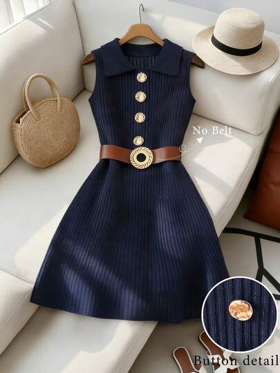 Franclia Women's Spring/Summer Commute, Casual, Elegant, Versatile, Solid Color, Lapel Collar, Straight Shoulders, Slim Fit, Sleeveless, Metal Buckle, A-Line Hem, Regular-Style Knit Sweater Dress; Suitable For Summer Holidays, Women's Beachwear, Elegant Dress, Resort Wear, Blue Dressfashionable Casual Commuter Wear, Business Office Wear, Versatile And Stylish Everyday Casual Wear, Urban Teacher's Professional Attire Navy Dress Preppy Dress