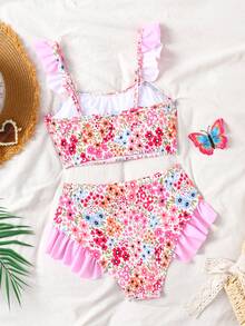 SHEIN 少女碎花荷叶边比基尼套装，沙滩/度假风 - 粉色 - 查看 2