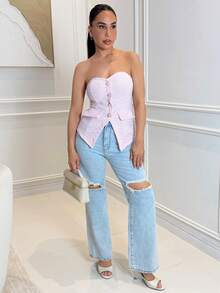 Milla Jasmine 女士纹理粉色露肩短款上衣，配珍珠纽扣细节，夏季 - 粉色 - 查看 1