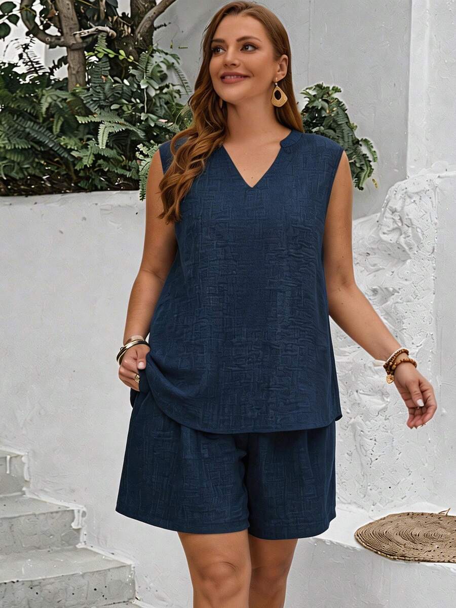 EMERY ROSE Plus Size Women Summer Solid V-Neck Sleeveless Top And Shorts 2Pcs Casual Set,Two Piece Set Women - Navy Blue - View 1