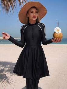 Swim Mulvari Bộ đồ bơi Burkini kín đáo, thanh lịch dành cho nữ, có khóa kéo, thích hợp cho kỳ nghỉ biển. - Đen và trắng - Xem 1