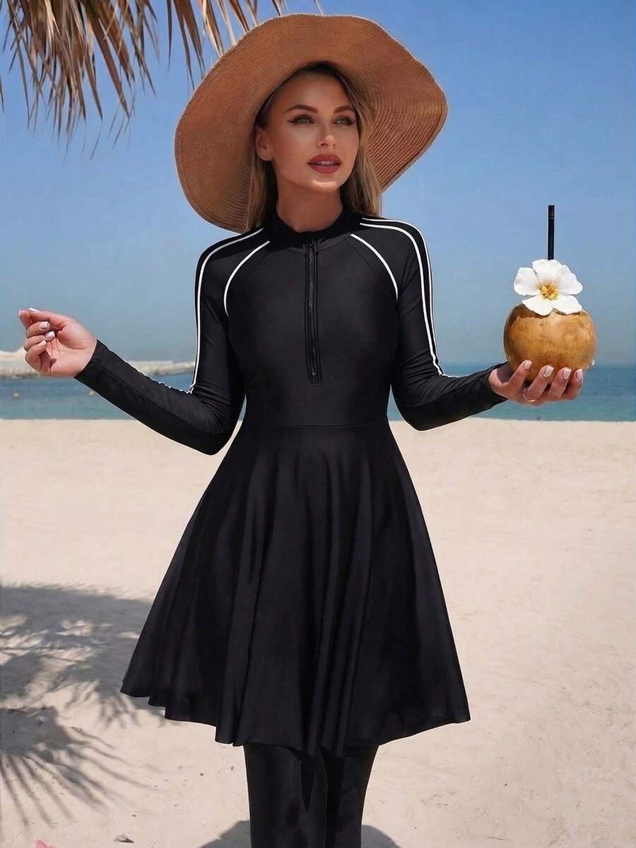 Swim Mulvari Bộ đồ bơi Burkini kín đáo, thanh lịch dành cho nữ, có khóa kéo, thích hợp cho kỳ nghỉ biển. - Đen và trắng - Xem 1