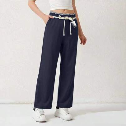 Pantalones casual estilo piercing recta para mujer y dama, estilo chándal, con cordón ajustable y bolsillos negro