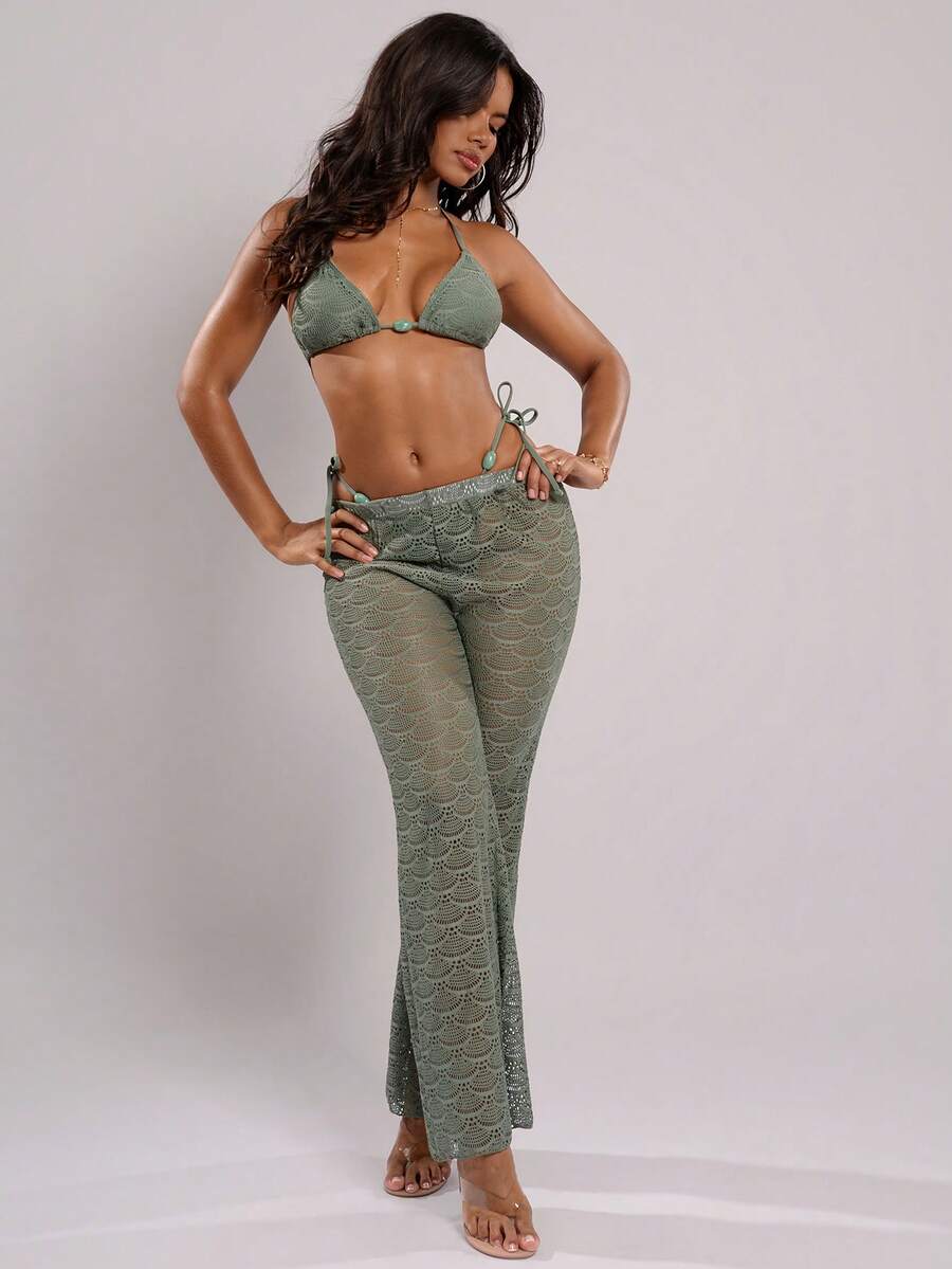 GENKIRA Bộ bikini nữ mùa xuân/hè mới, màu xanh bạc hà, chất liệu vải dệt rỗng, đính hạt cườm, cổ chữ V, hở lưng, kiểu tam giác buộc dây, bao gồm áo tam giác, quần và áo khoác ngoài. - màu xanh lá - Xem 1